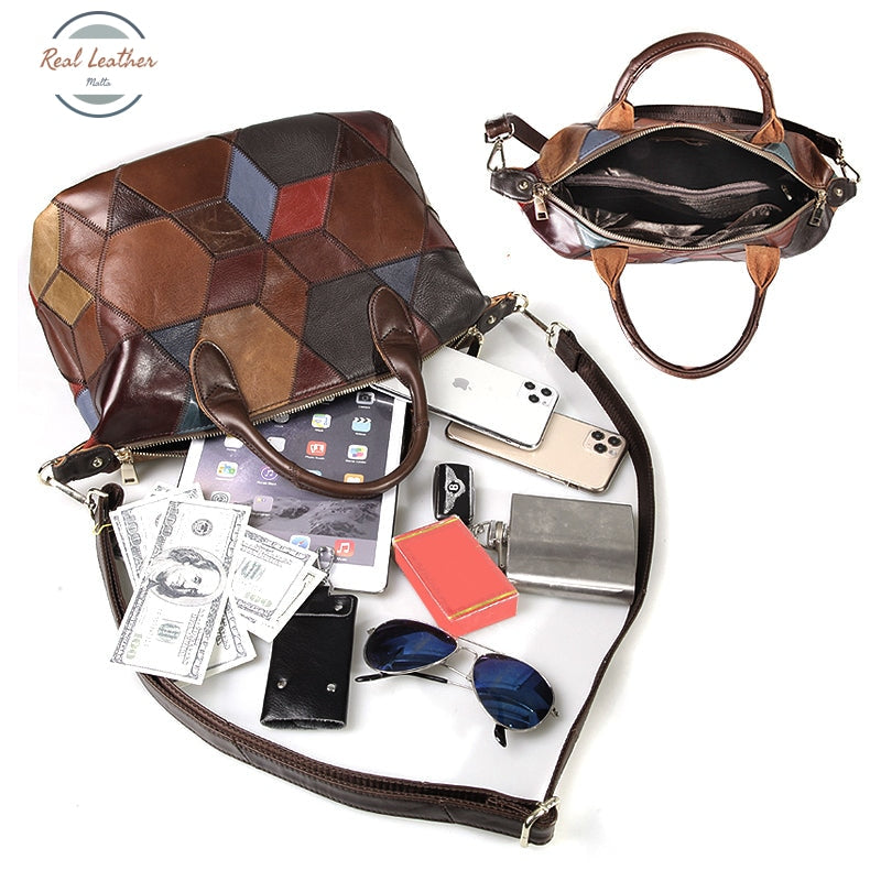 Genuine Leather Patchwork Shoulder Bag For Women