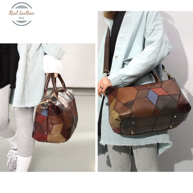 Genuine Leather Patchwork Shoulder Bag For Women