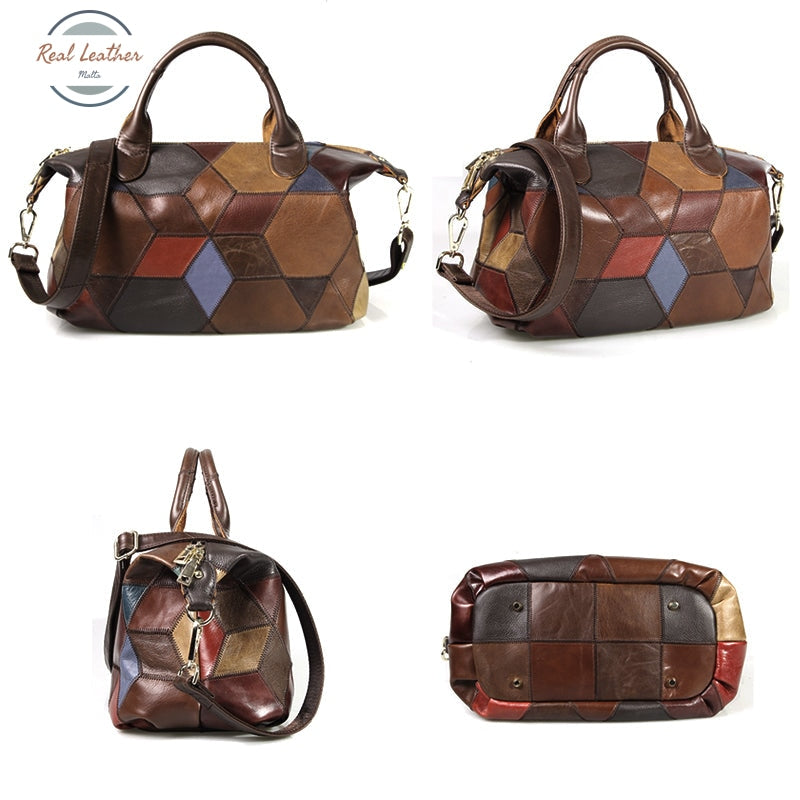 Genuine Leather Patchwork Shoulder Bag For Women