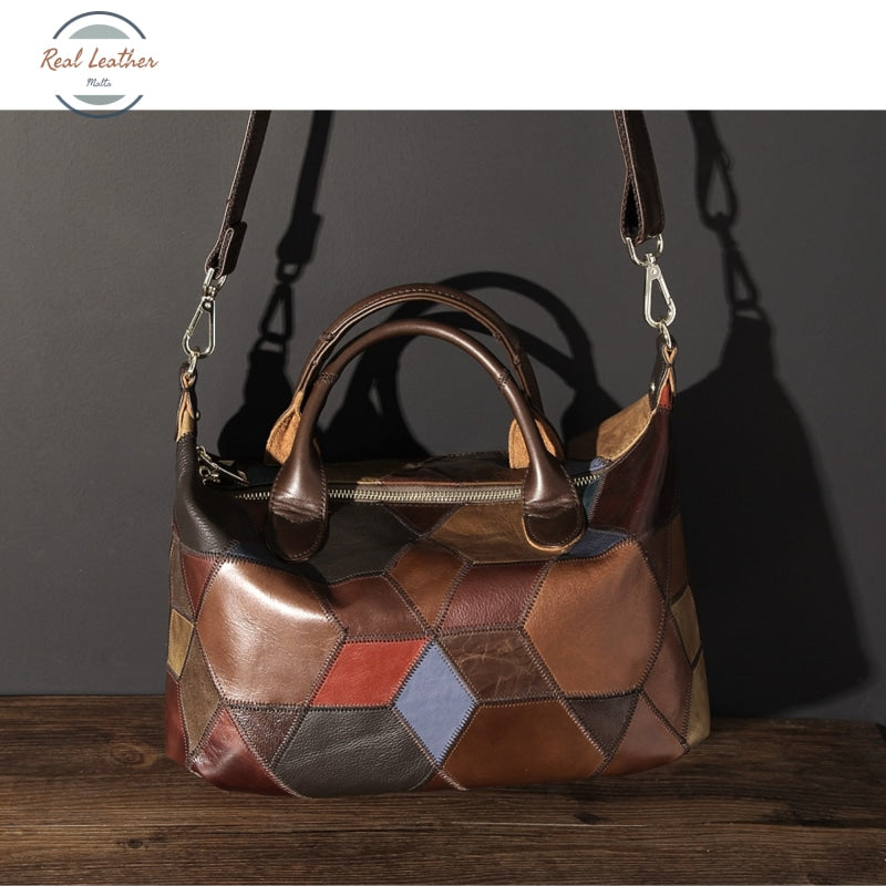 Genuine Leather Patchwork Shoulder Bag For Women