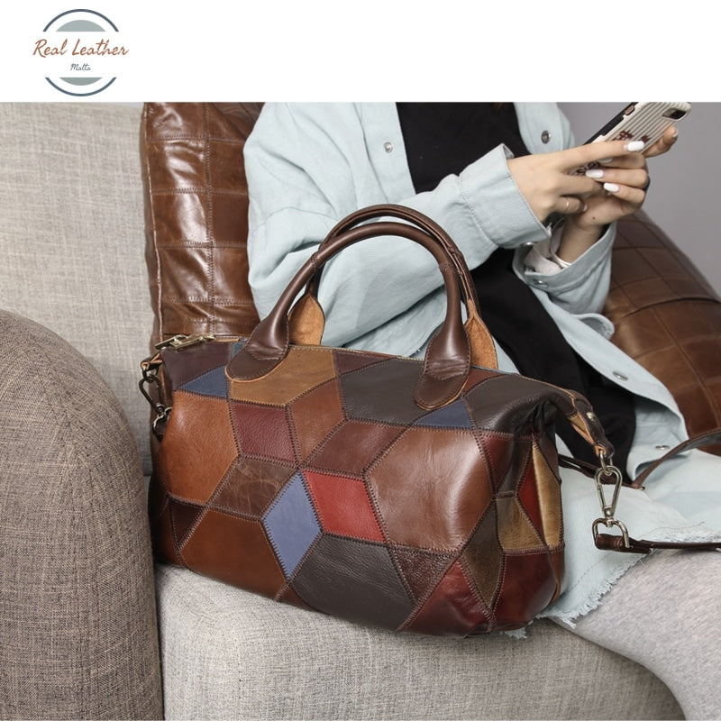 Genuine Leather Patchwork Shoulder Bag For Women