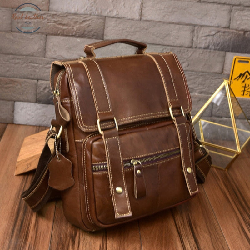 Genuine Leather Retro Casual Messenger Bag Brown