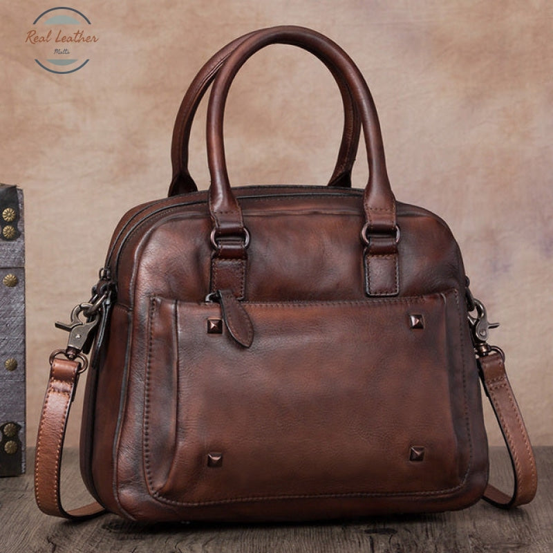 Genuine Leather Retro Women Handbag Coffee