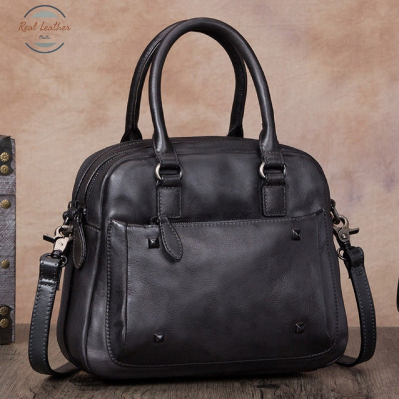 Genuine Leather Retro Women Handbag Dark Gray
