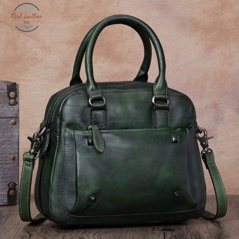 Genuine Leather Retro Women Handbag Green