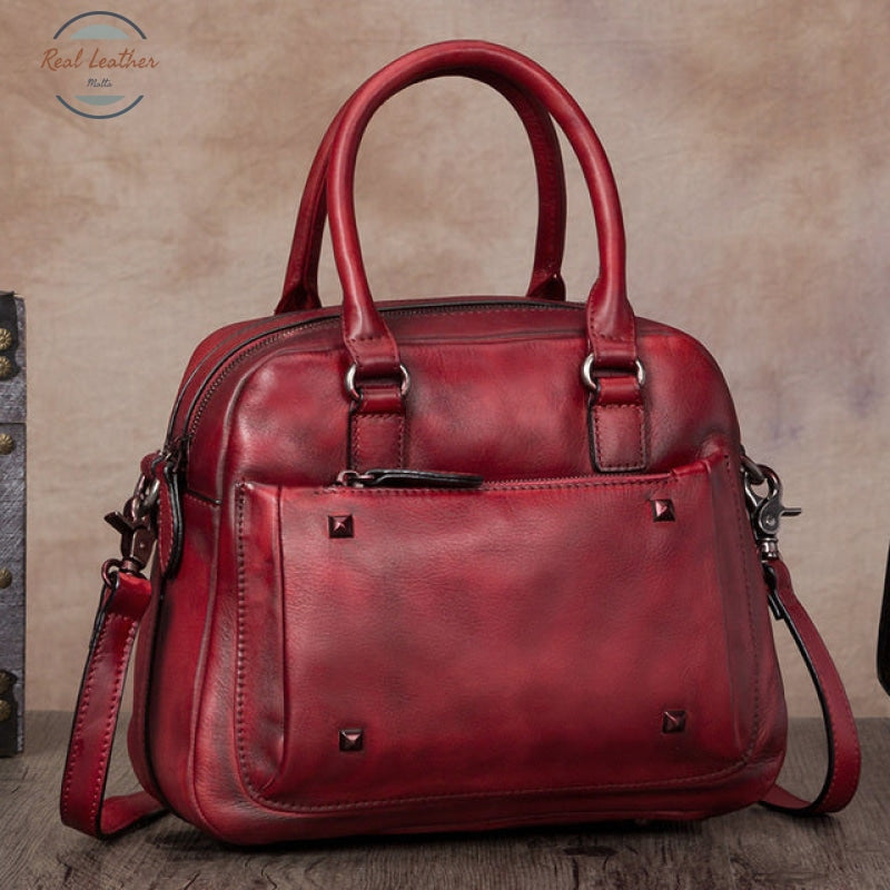 Genuine Leather Retro Women Handbag Red