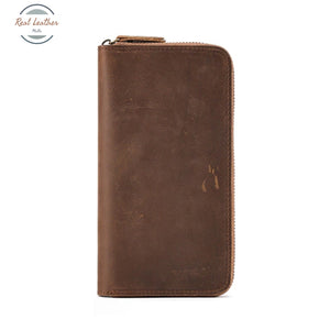 Genuine Leather Rfid Vintage Long Wallet Brown