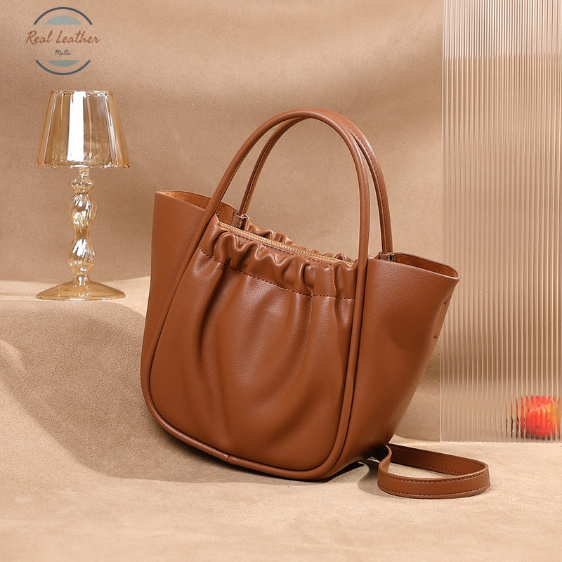 Genuine Leather Ruched Shoulder Bag