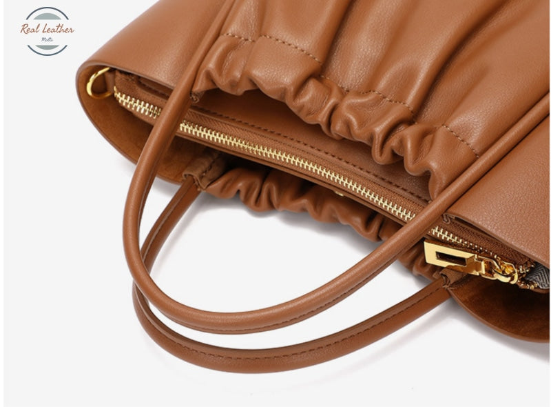Genuine Leather Ruched Shoulder Bag