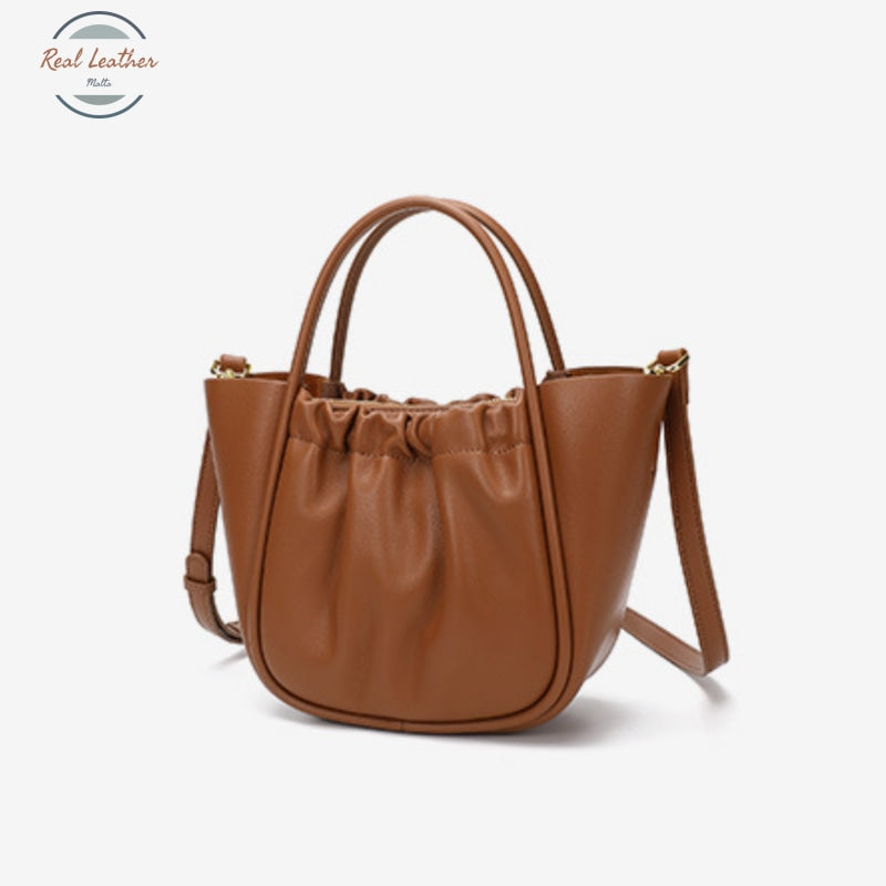 Genuine Leather Ruched Shoulder Bag