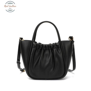 Genuine Leather Ruched Shoulder Bag Black