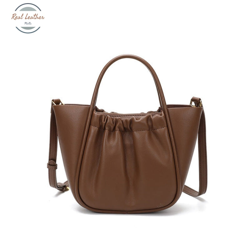 Genuine Leather Ruched Shoulder Bag Coffee