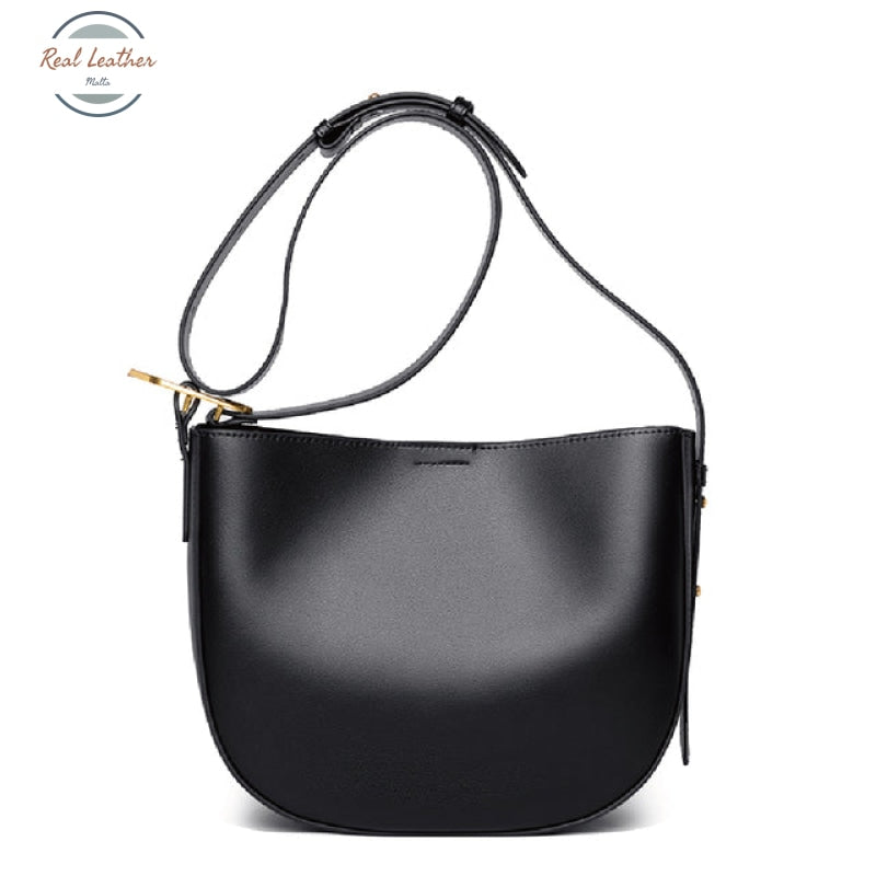 Genuine Leather Saddle Hobo Shoulder Bag Black