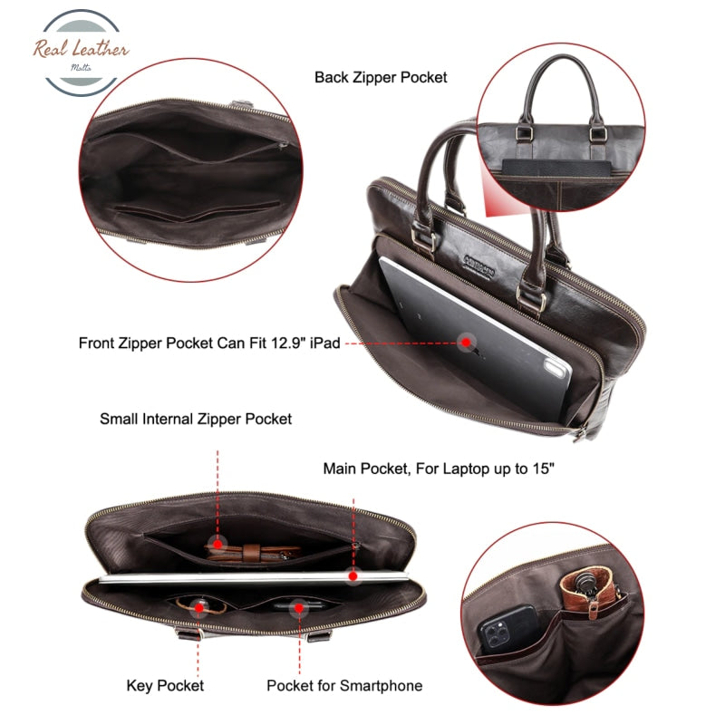 Genuine Leather Slim 15-Inch Briefcase / Laptop Bag