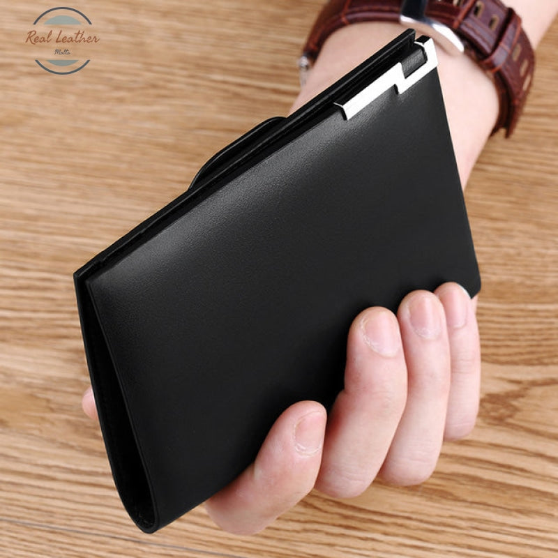 Genuine Leather Slim Multifunction Bi-Fold Wallet Black