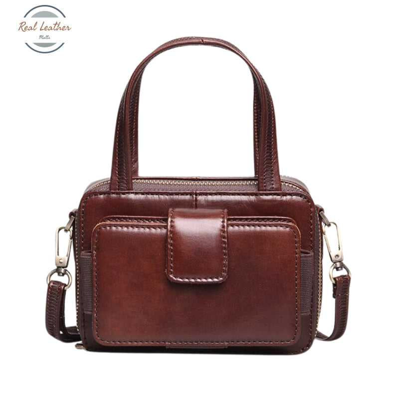 Genuine Leather Small Vintage Hasp Handbag Coffee Handbags