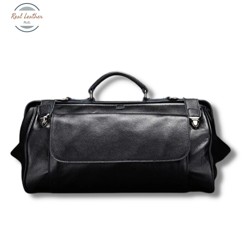 Genuine Leather Travel Bag With Metal Buckle Black Travel Bag