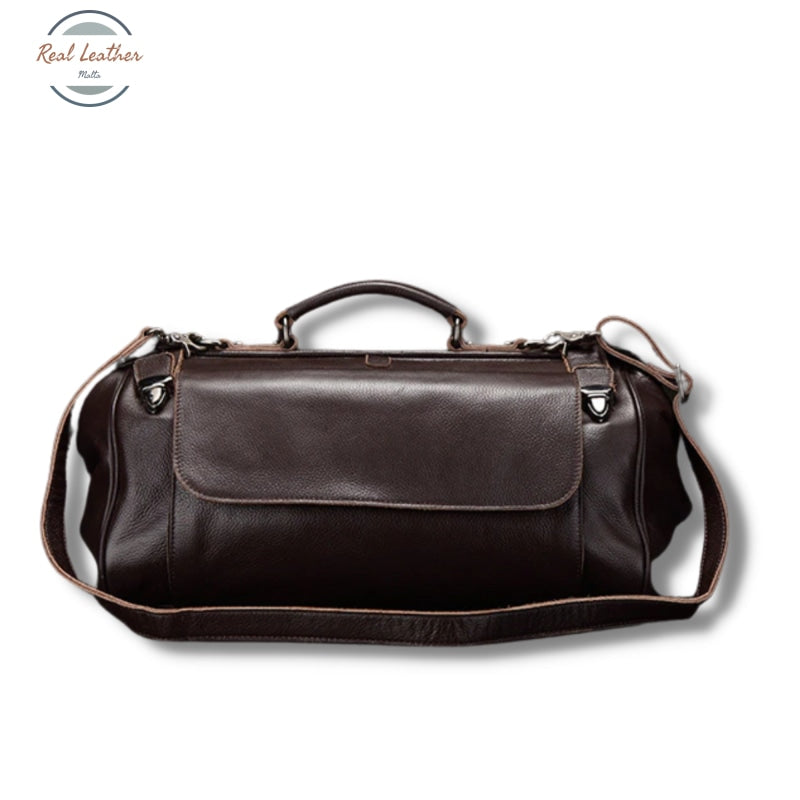 Genuine Leather Travel Bag With Metal Buckle Coffee Travel Bag