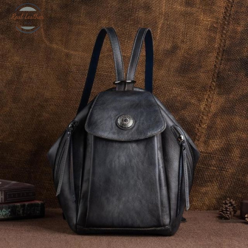 Genuine Leather Vintage Fashion Backpack Black-Grey
