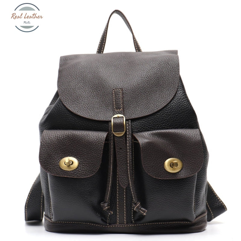 Genuine Leather Vintage Flap Backpack Black