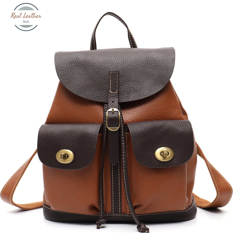 Genuine Leather Vintage Flap Backpack Brown