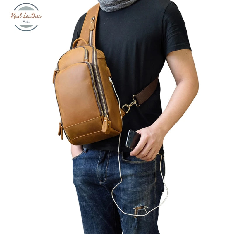 Genuine Leather Vintage Men Chest Bag
