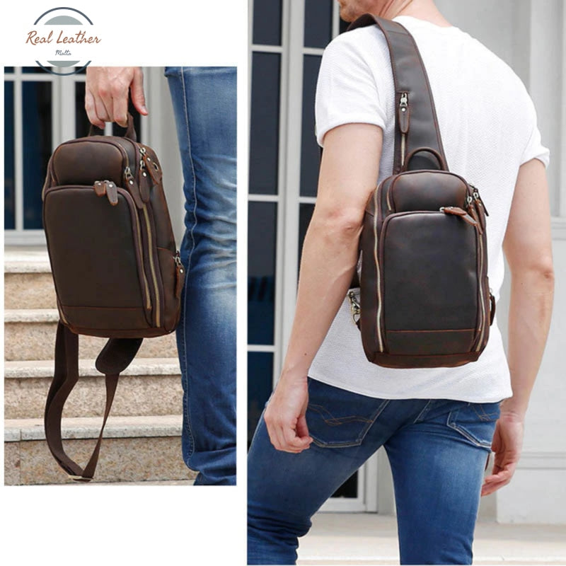 Genuine Leather Vintage Men Chest Bag