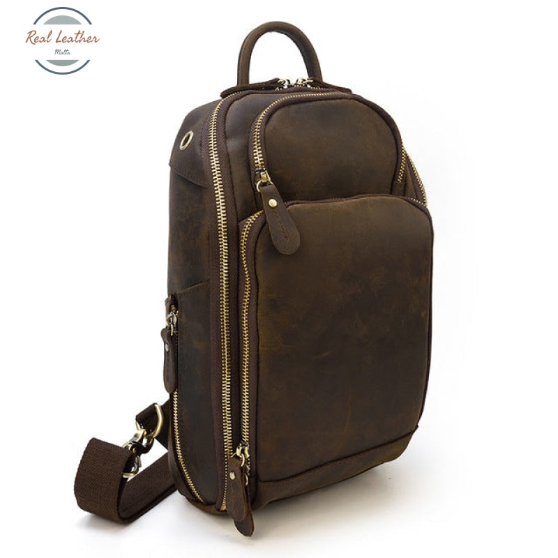 Genuine Leather Vintage Men Chest Bag Dark Brown