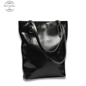 Genuine Leather Women Long Hand Tote Black Bag