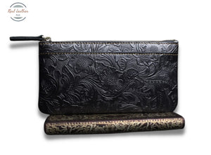 Genuine Leather Women Long Wallet Purse Black