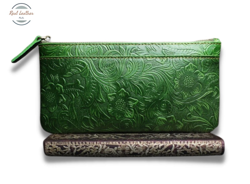 Genuine Leather Women Long Wallet Purse Green