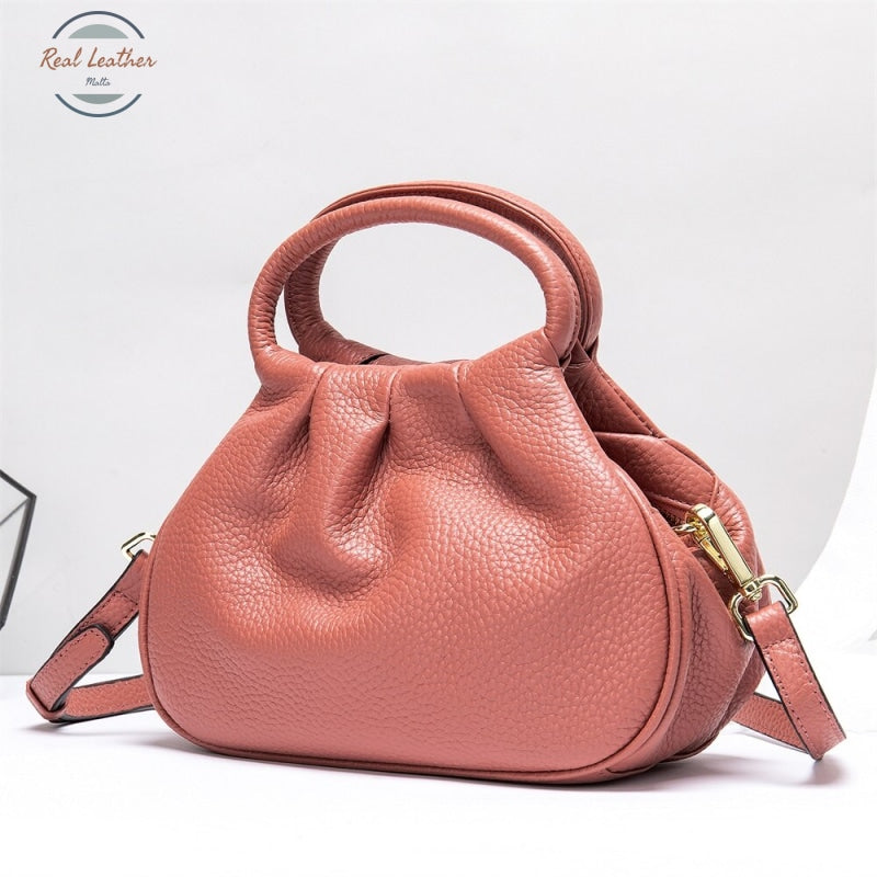 Genuine Leather Womens Bowling Shoulder Bag Pink