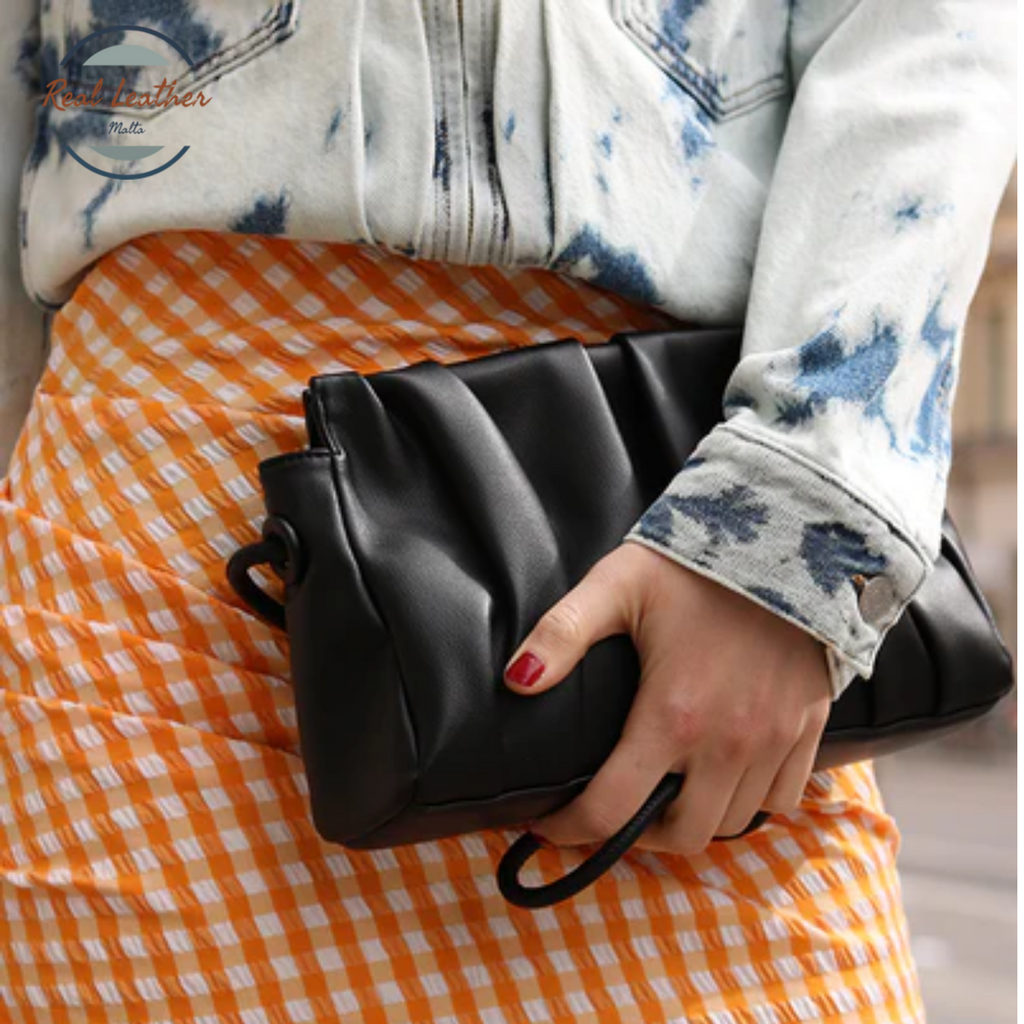 Genuine Leather Minimalist Ruched Clutch Bag