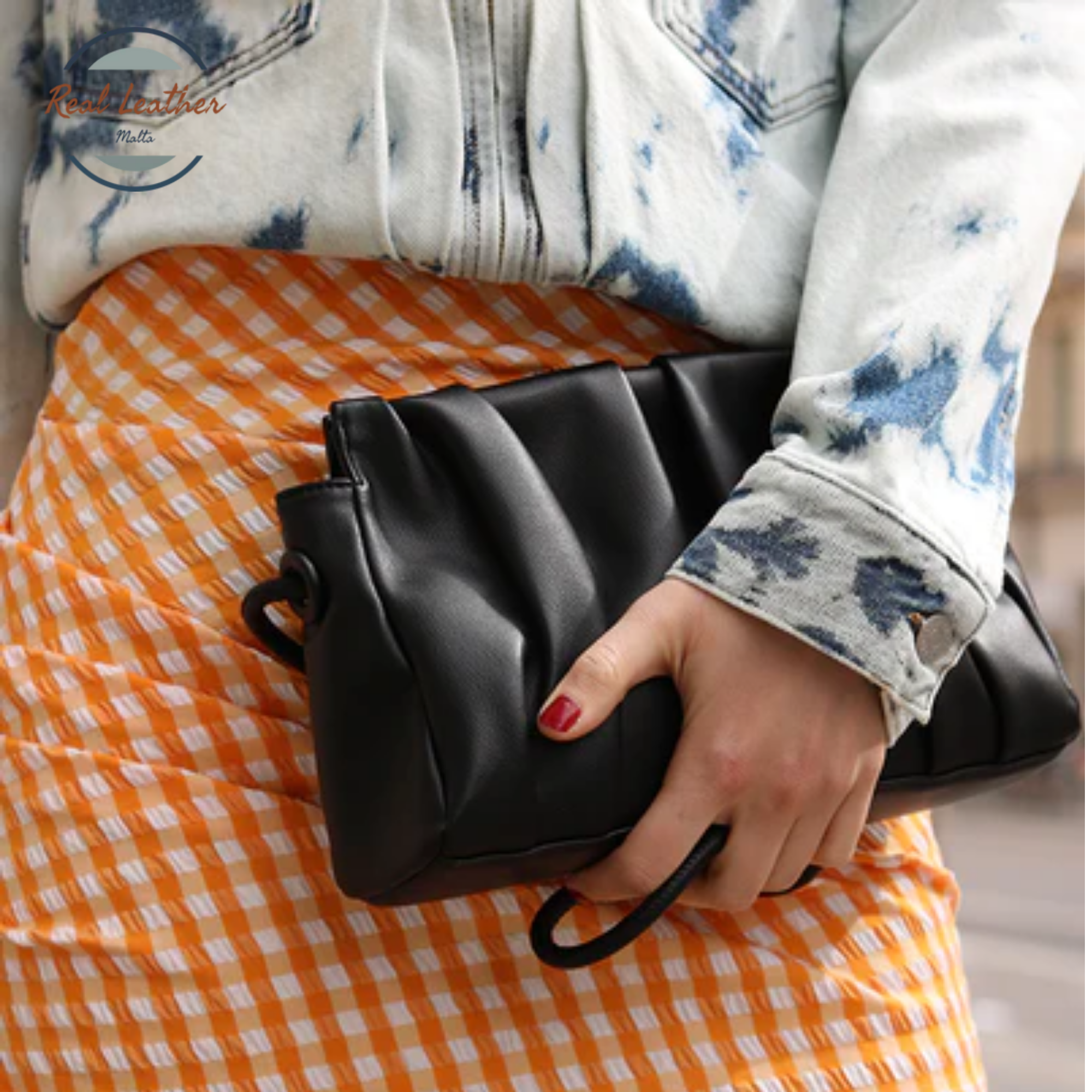 Genuine Leather Minimalist Ruched Clutch Bag