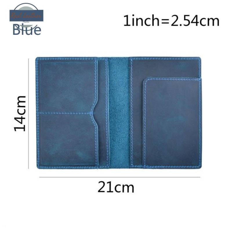 International - Genuine Crazy Horse Leather Passport Cover Blue Cover
