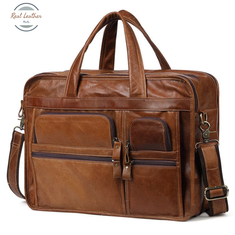 Large Capacity Leather Briefcase Brown