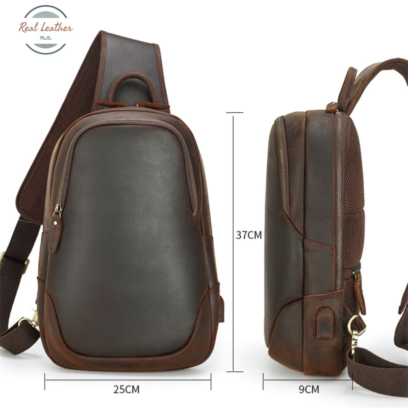 Mens Cowhide Retro Usb Chest Bag