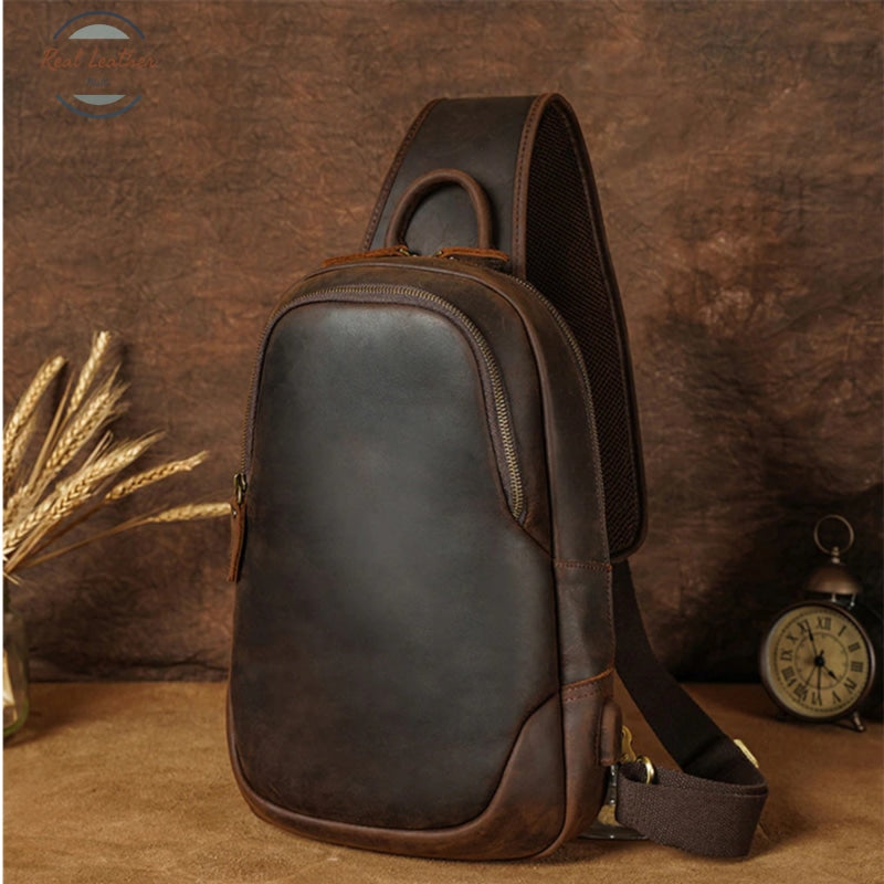Mens Cowhide Retro Usb Chest Bag
