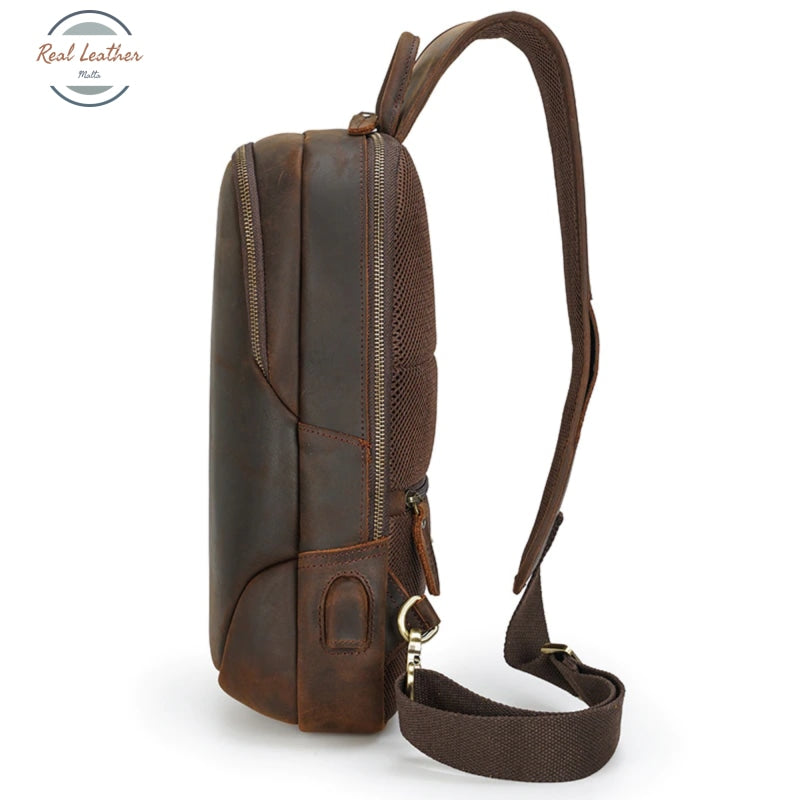 Mens Cowhide Retro Usb Chest Bag