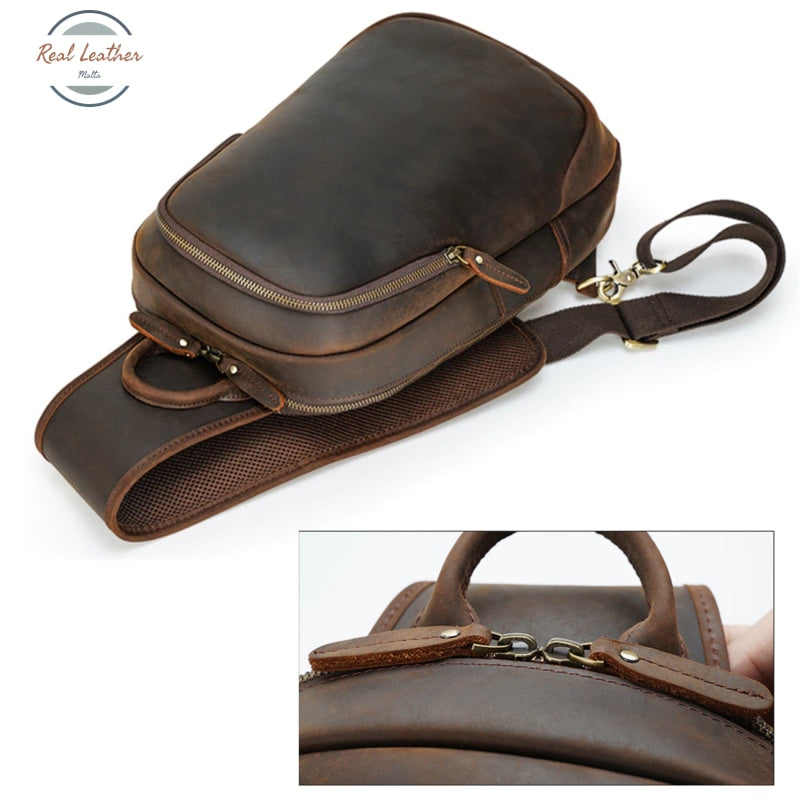 Mens Cowhide Retro Usb Chest Bag