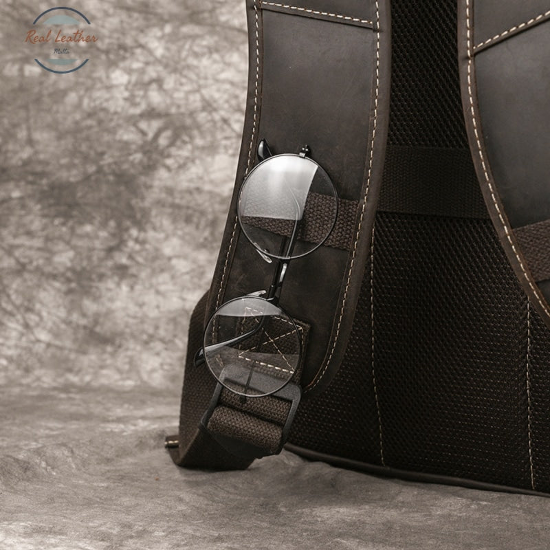 Mens Crazy Horse Leather Backpack 15.6 Laptop Bag With Usb Port