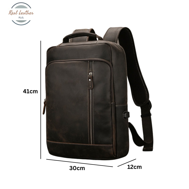 Mens Crazy Horse Leather Backpack 15.6 Laptop Bag With Usb Port