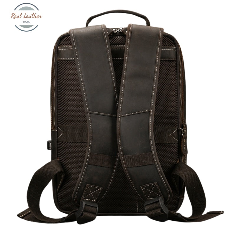 Mens Crazy Horse Leather Backpack 15.6 Laptop Bag With Usb Port