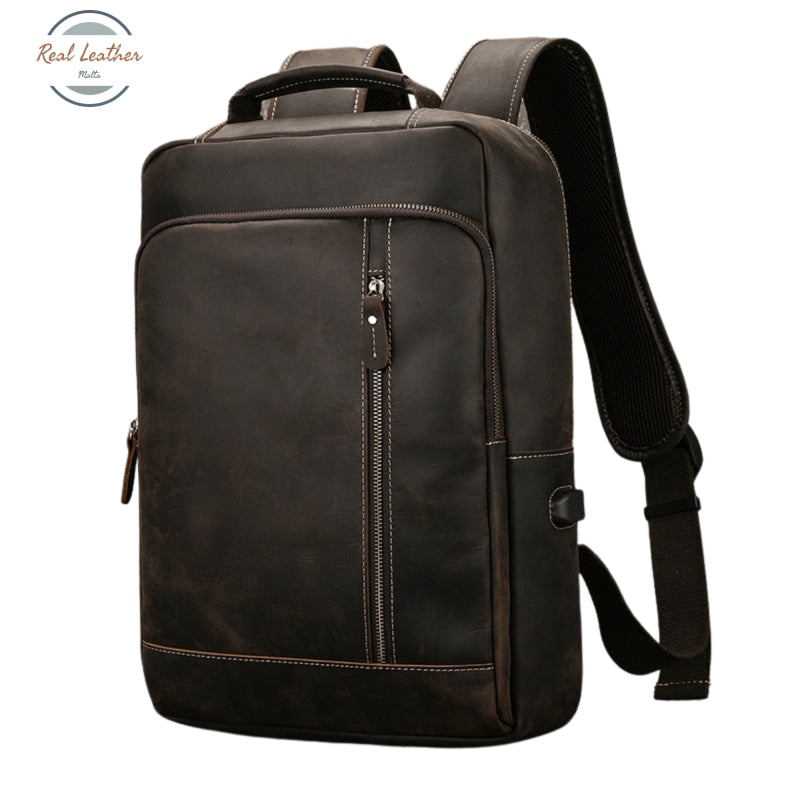 Mens Crazy Horse Leather Backpack 15.6 Laptop Bag With Usb Port