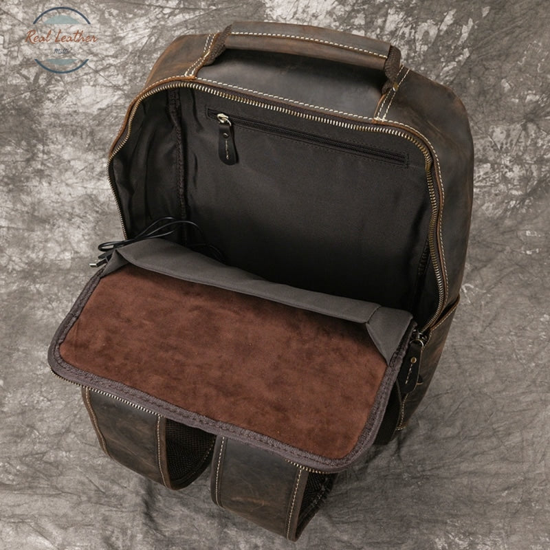 Mens Crazy Horse Leather Backpack 15.6 Laptop Bag With Usb Port