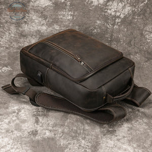 Mens Crazy Horse Leather Backpack 15.6 Laptop Bag With Usb Port