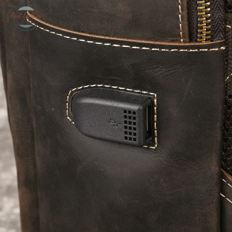 Mens Crazy Horse Leather Backpack 15.6 Laptop Bag With Usb Port