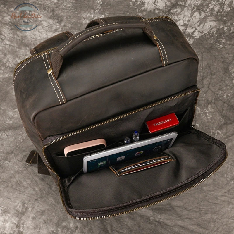 Mens Crazy Horse Leather Backpack 15.6 Laptop Bag With Usb Port
