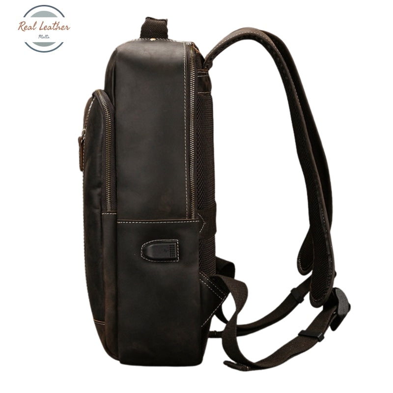 Mens Crazy Horse Leather Backpack 15.6 Laptop Bag With Usb Port