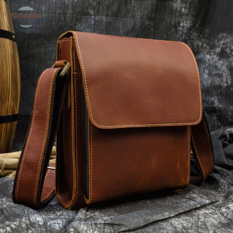 Mens Crazy Horse Leather Messenger Bag Brown